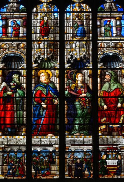 Saint Matthias (Mathias), Ezra (eller Ezra), profeten Habakkuk (eller Habakkuk) och Sibylle Tiburtine (eller Albunea of ​​Tibur) - Målat glas i Passionskapellet av Arnaud de Moles (1470-1520) färdigställd 1513 - Cathedral of St. Mary of Auch (Ger av Arnaud de Moles