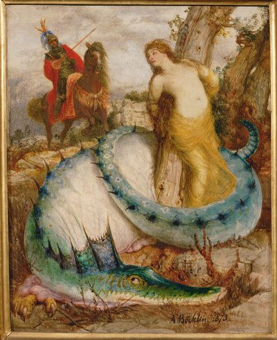 Angelica und der Drache - Angelica och draken ... (tempera på trä) av Arnold Böcklin