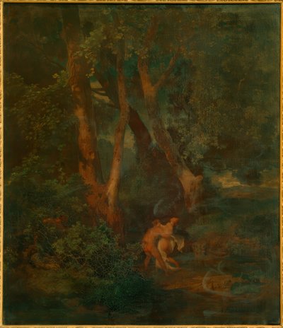 Skogskant med faun och nymf (eller faun, en som kämpar av Arnold Böcklin