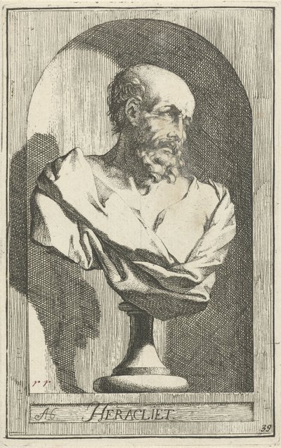 Byst av Herakleitos Heraklit (titel på objekt) Fyrtioen stycken, flera Sinne-statyer (serietitel) av Arnold Houbraken