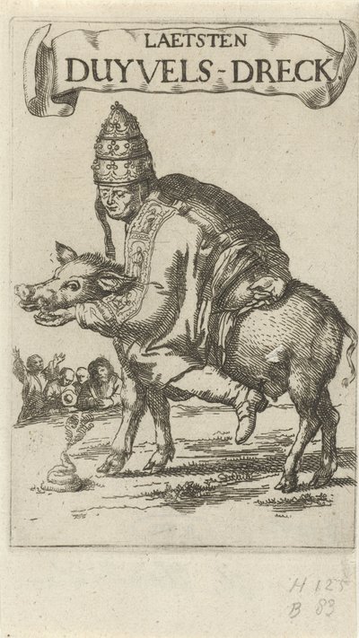 Paus på en gris Titelblad för: J. Lydius, Laetsten duyvels-dreck, 1687 av Arnold Houbraken