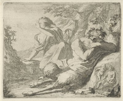 Satyr och kvinnlig figur täcker ögonen från solljus Scen med syndastatyer öppnade i tjänst för målare, statyhållare etc. (serietitel) av Arnold Houbraken