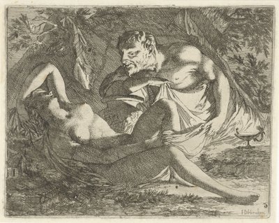 Sovande nymf bevakad av en satyr Syndabilders teater öppnad för målare, bildhållare etc. (serietitel) av Arnold Houbraken