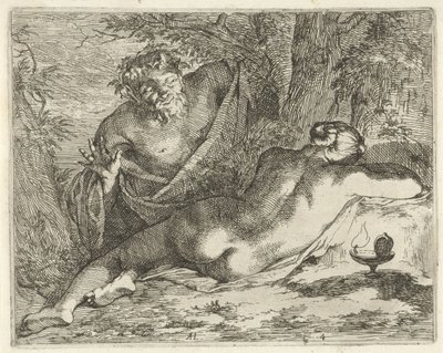 Sömnymf spionerad av en satyr Syndabilders teater öppnad för målare, bildhållare etc. (serietitel) av Arnold Houbraken