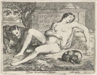 Sovande nymf med en hund spionerad av en satyr Quam meminisse Juvat (titel på objekt) Syndernas scen, öppen för målare, skulptörer etc. (serietitel) av Arnold Houbraken