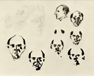Självporträtt (7 heads en face och i profil och skiss) av Arnold Schönberg