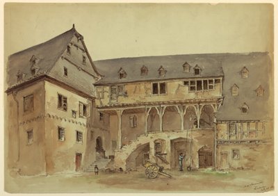 Teckning, gårdsplan till medeltida herrgård, ca 1889 av Arnold William Brunner