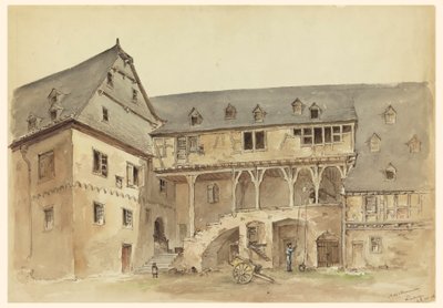 Teckning, gårdsplan till medeltida herrgård, ca 1889 av Arnold William Brunner
