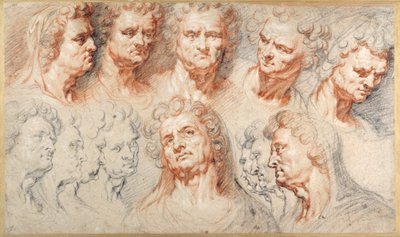 Tretton studier baserade på ett romerskt kejsarhuvud (svarta och röda krita med brunt bläck på vitt papper) av Arnold or Artus the Elder Quellin I
