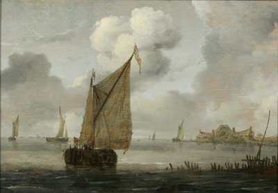 Seglande båtar nära en kust av Arnoldus van Anthonissen