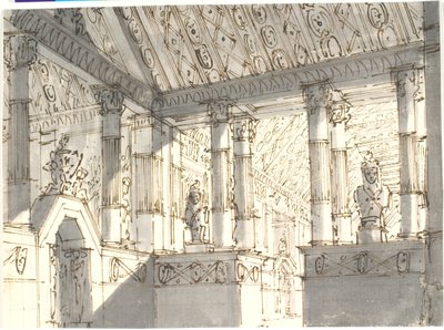 Interiör (från tempel?) med kolonner och statyer av Aron Wallick