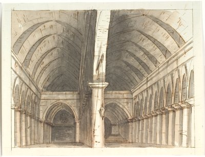 Interiör av nedre våningen i en kyrka (?) med pelare och valv av Aron Wallick