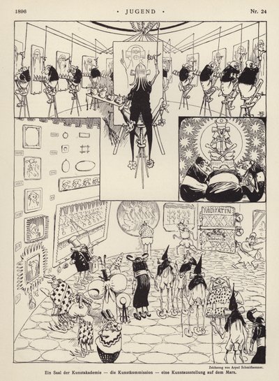 Konsthögskolans rum; konstkommissionen; en konstutställning på Mars (litho) av Arpad Schmidhammer