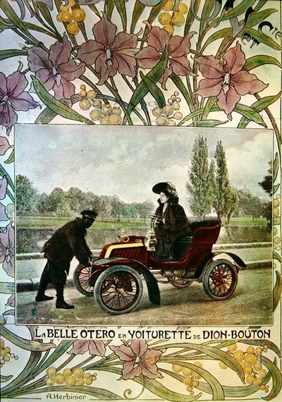 La Belle Otero vid ratten i en De Dion-Bouton-bil, ca 1900 av Arsene Herbinier