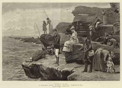Fiske utanför Filey Brigg, Yorkshire (gravyr) av Arthur (after) Hopkins