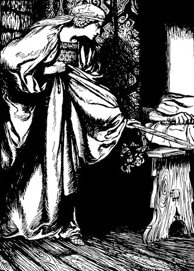 Morgan le Fay stjäl Arthurs svärd av Arthur (after) Rackham
