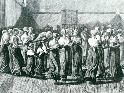 Shakers at a Meeting: the Religious Dance, illustration från, The Graphic, publicerad 14 maj 1870 av Arthur Boyd Houghton
