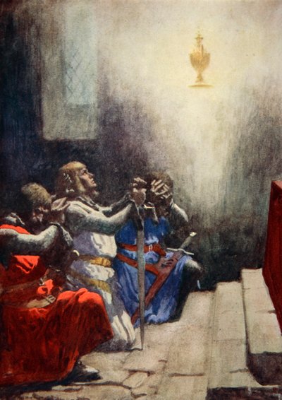 Enbart Galahad kunde se den heliga gralens perfekta skönhet, ca 1925 (färg litho) av Arthur C. (after) Michael