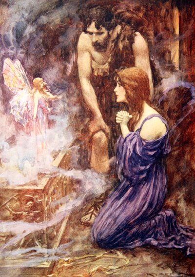Ut flög en vacker feliknande varelse med regnbågsfärgade vingar (färg litho) av Arthur C. (after) Michael