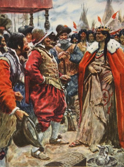 The Crowning of Powhatan, illustration från "This Country of Ours, The Story of the United States" av H.E. Marshall av Arthur C. (after) Michael