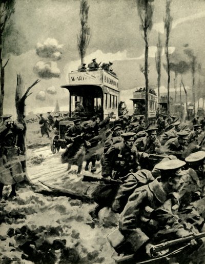 Londonbussar använde för att transportera trupper till fronten, första världskriget, 1914-1918, c1920. av Arthur C. Michael