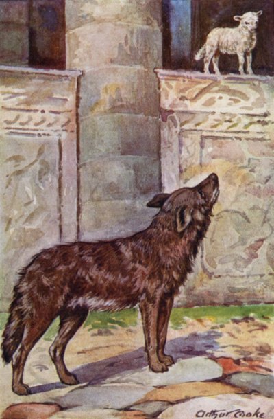 Aesops Fables: The Kid and the Wolf (färg litho) av Arthur Claude Cooke