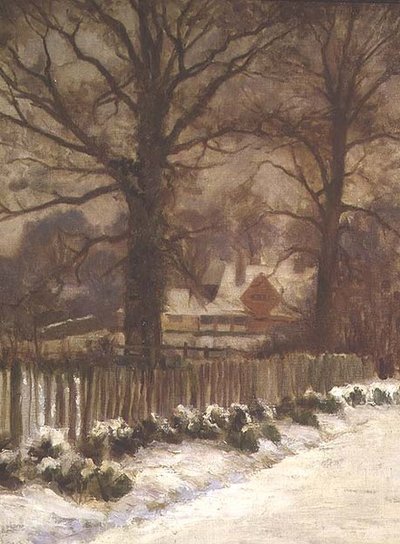 Alms in a Snowy Lane (olja på duk) av Arthur Claude Cooke