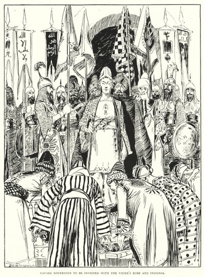 Fick Noureddin att beläggas med vesirens dräkt och insignier (gravyr) av Arthur David McCormick