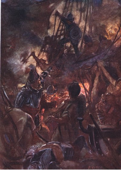 Striden rasade häftigt och lång, illustration från Romance of History: The Netherlands, 1920-talet av Arthur David McCormick