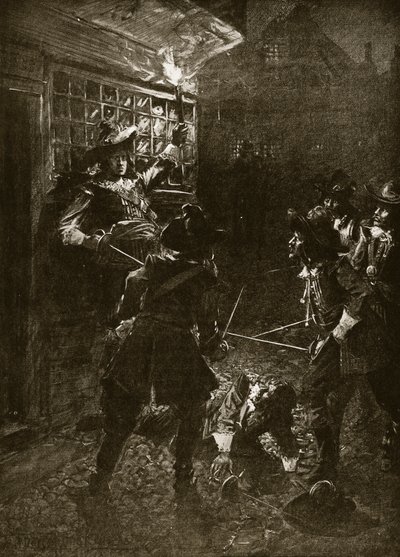 Kung Karl II:s anhängare attackerar Sir John Coventry, 1670, illustration från Hutchinsons "Story of the British Nation", ca 1920. av Arthur David McCormick