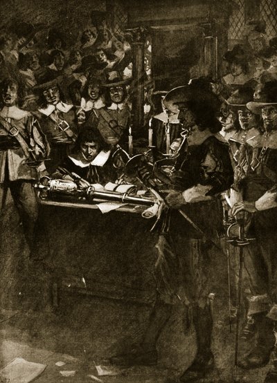 Strafford överlämnar sitt svärd i underhuset, illustration från Hutchinsons "Story of the British Nation", ca 1920. av Arthur David McCormick