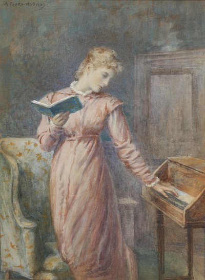En dam som läser medan hon spelar spinet. av Arthur Foord Hughes