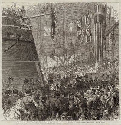 Sjösättning av skruvkorvetten Druid vid Deptford Dockyard, prinsessan Louise släpper loss hundkärran. av Arthur Hopkins