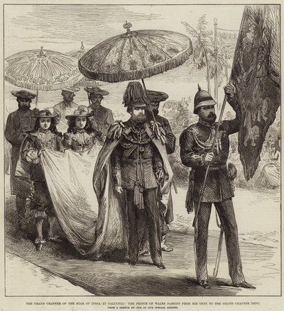 Grand Chapter of the Star of India i Calcutta, prinsen av Wales passerar från sitt tält till Grand Chapter-tältet. av Arthur Hopkins