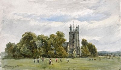 Cricket på Stray, framför Christ Church, High Harrogate (akvarell) av Arthur J. Stark