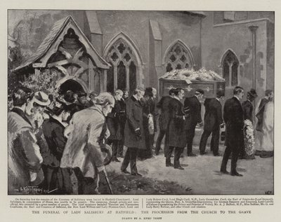 Lady Salisburys begravning i Hatfield, processionen från kyrkan till graven (litho) av Arthur Kemp Tebby