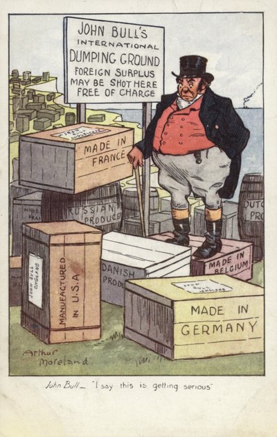 John Bulls internationella dumpningsplats (färglitografi) av Arthur Moreland