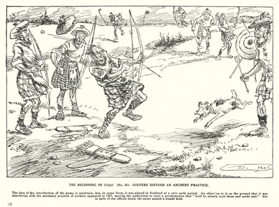 Golfens begynnelse, golfare stör en bågskytteövning (litografi) av Arthur Moreland