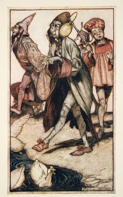 En laputisk gentleman som tar en promenad, från Gullivers resor av Jonathan Swift (1667 - 1745), pub. 1909 av Arthur Rackham