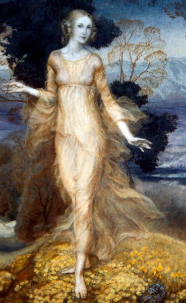 En ung kvinna i en trädgård, ca 1920 (akvarell på papper) av Arthur Rackham