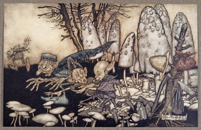 Ett gäng arbetare som sågade ner en padda rusade iväg och lämnade sina verktyg bakom sig, från Peter Pan i Kensington Gardens av J M Barrie (1860 - 1937), pub. 1906 av Arthur Rackham