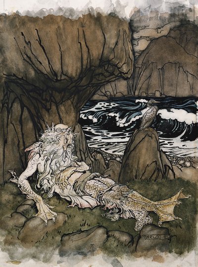 En krönt "sjöman", en havsgud som sover på en stenig strand av Arthur Rackham