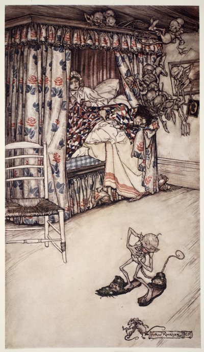 En ridåföreläsning är värd alla predikningar i världen för att lära ut dygderna tålamod och tålamod. från Rip Van Winkle av Washington Irving, pub. 1910 av Arthur Rackham