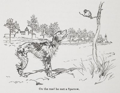 En hund och en sparv. av Arthur Rackham