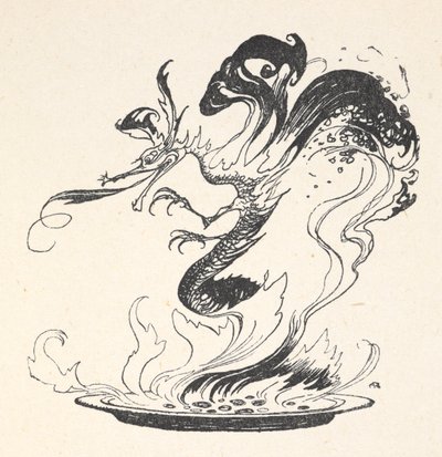 En drake som dyker upp från en tallrik med brinnande pengar av Arthur Rackham