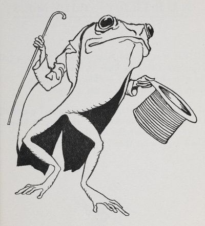 En groda med hög hatt och svansar som bär en käpp. av Arthur Rackham