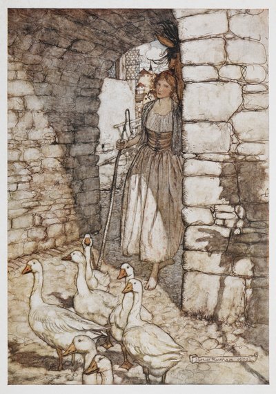 En tjej med gäss. av Arthur Rackham