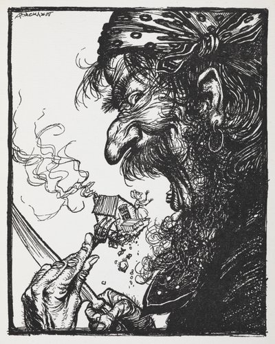 En stor man som äter en liten dam och hennes hus. av Arthur Rackham