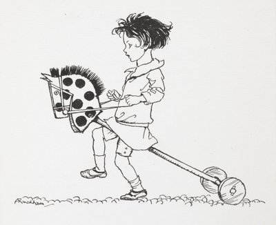 En liten flicka på en leksakshobbyhäst. av Arthur Rackham