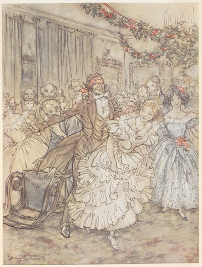 En fest som spelar blind mans bluff. En man som bär ögonbindel jagar en kvinna i en ryslig klänning av Arthur Rackham